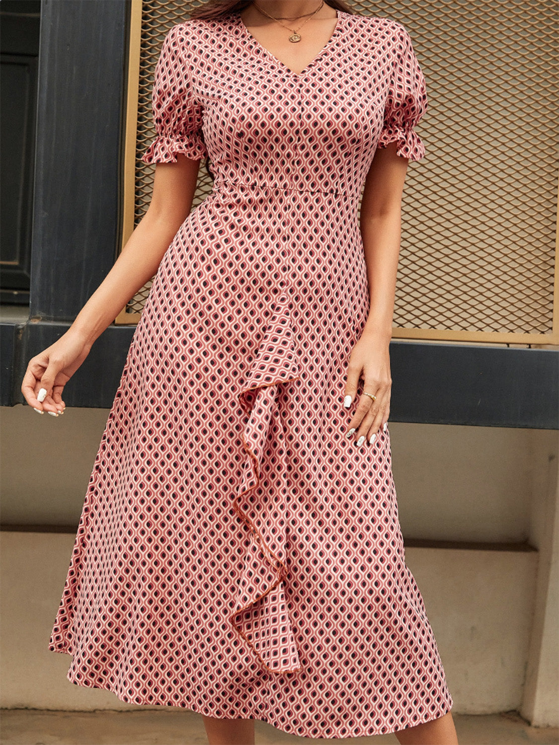 Printed V-Neck Flounce Sleeve Midi Dress Sunset and Swim   