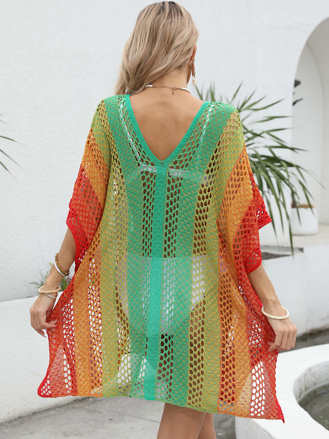 Sunset Vacation  Openwork Contrast V-Neck Beach Cover Up Sunset and Swim   