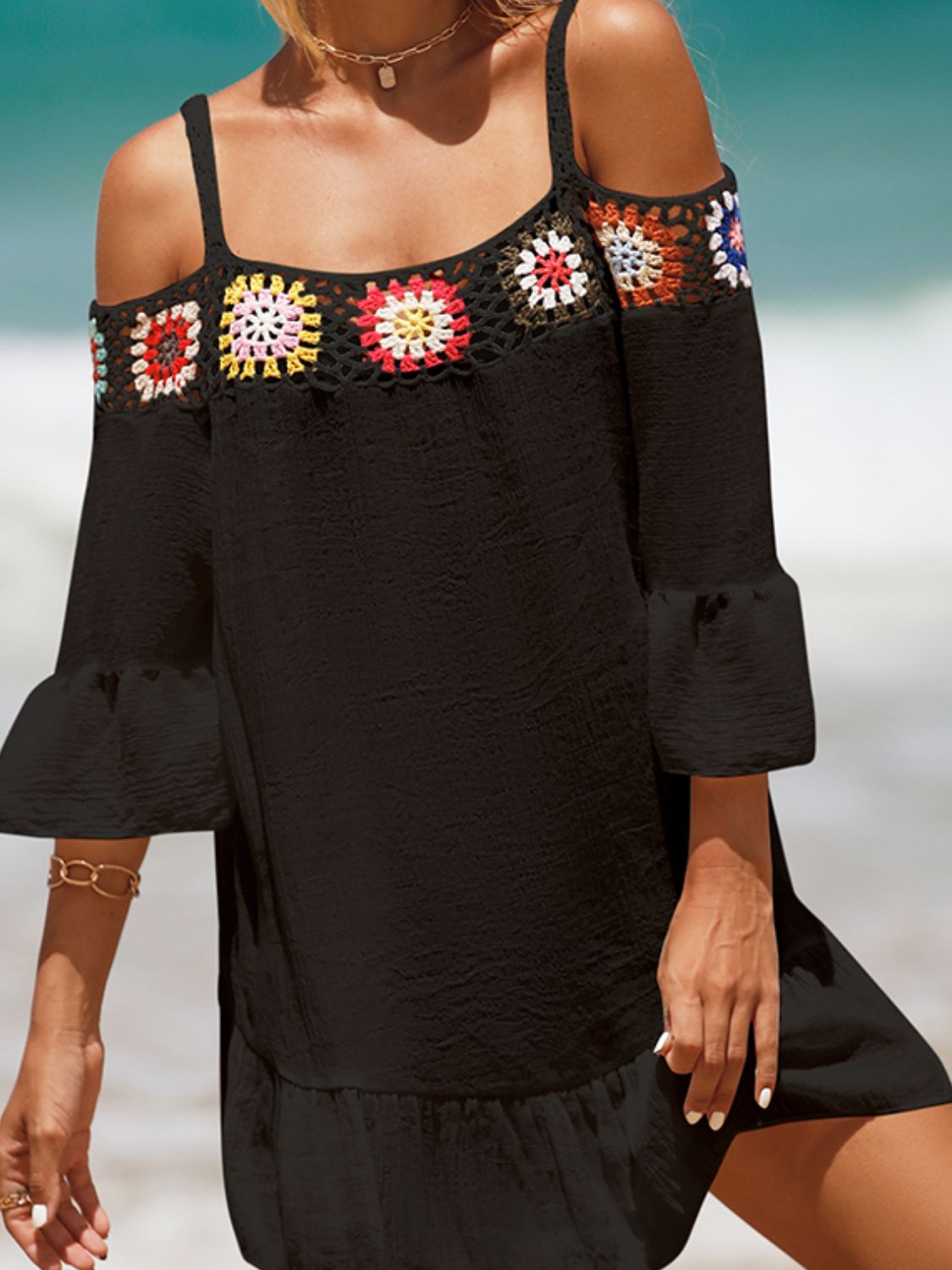 Sunset Vacation  Crochet Cold Shoulder Three-Quarter Sleeve Beach Cover Up Sunset and Swim   