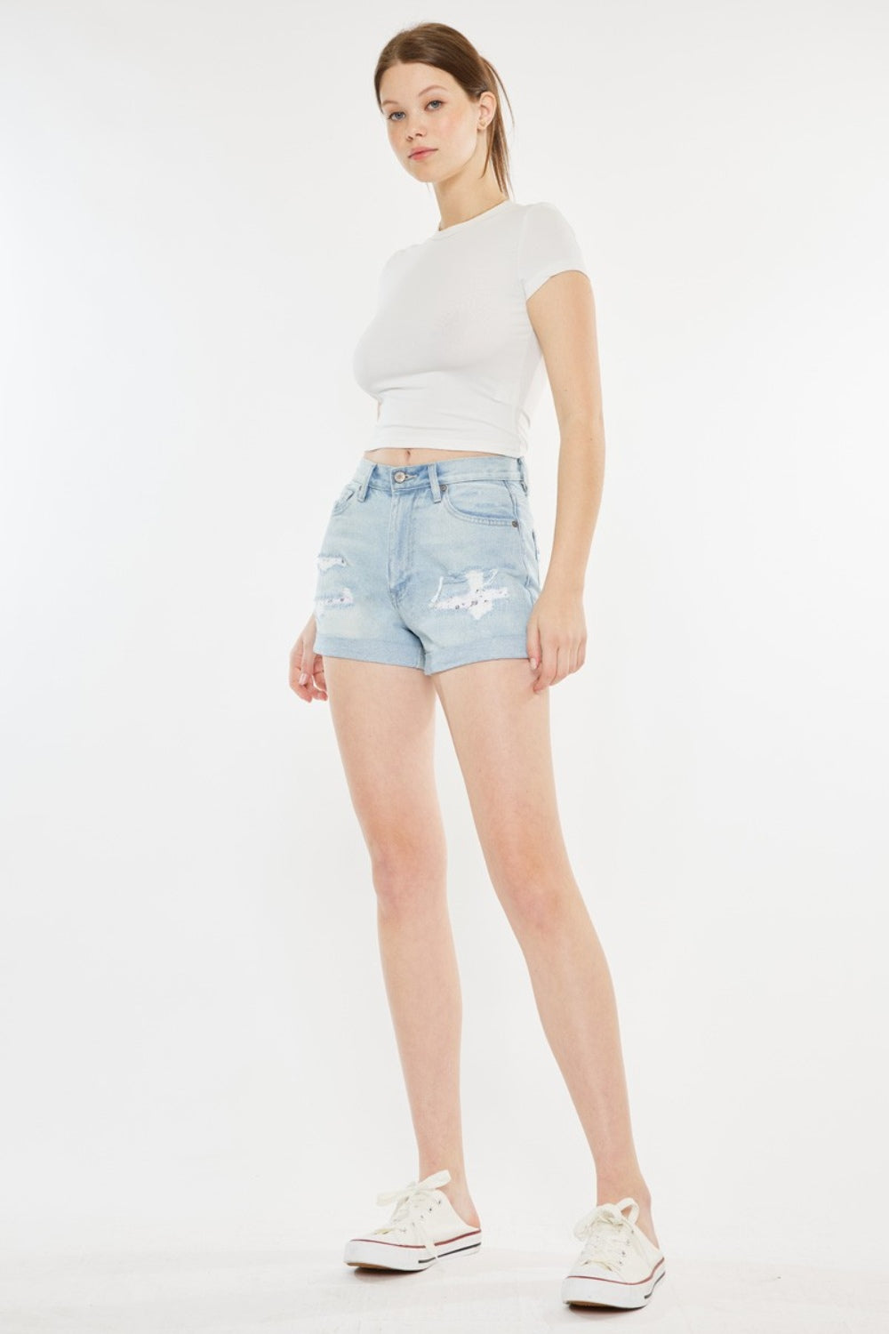 Kancan High Rise Repaired Mom Denim Shorts Sunset and Swim   