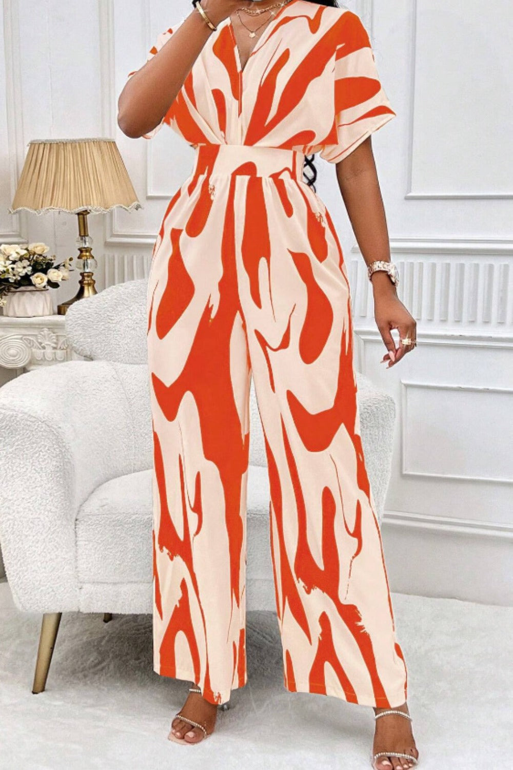 Printed V-Neck Short Sleeve Wide Leg Jumpsuit Sunset and Swim Orange S 