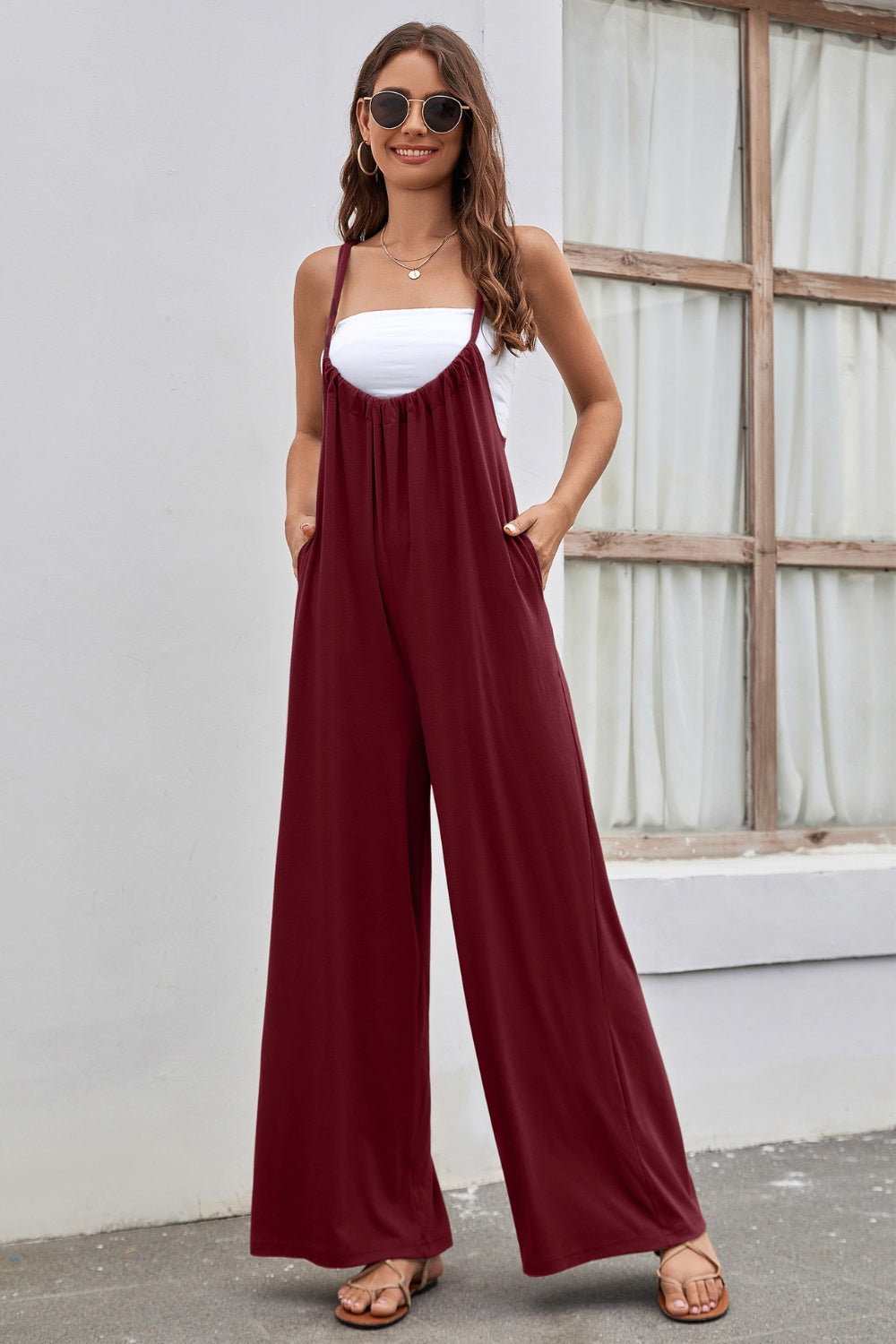 Sunset and Swim Tied Spaghetti Strap Wide Leg Jumpsuit Sunset and Swim Burgundy S 