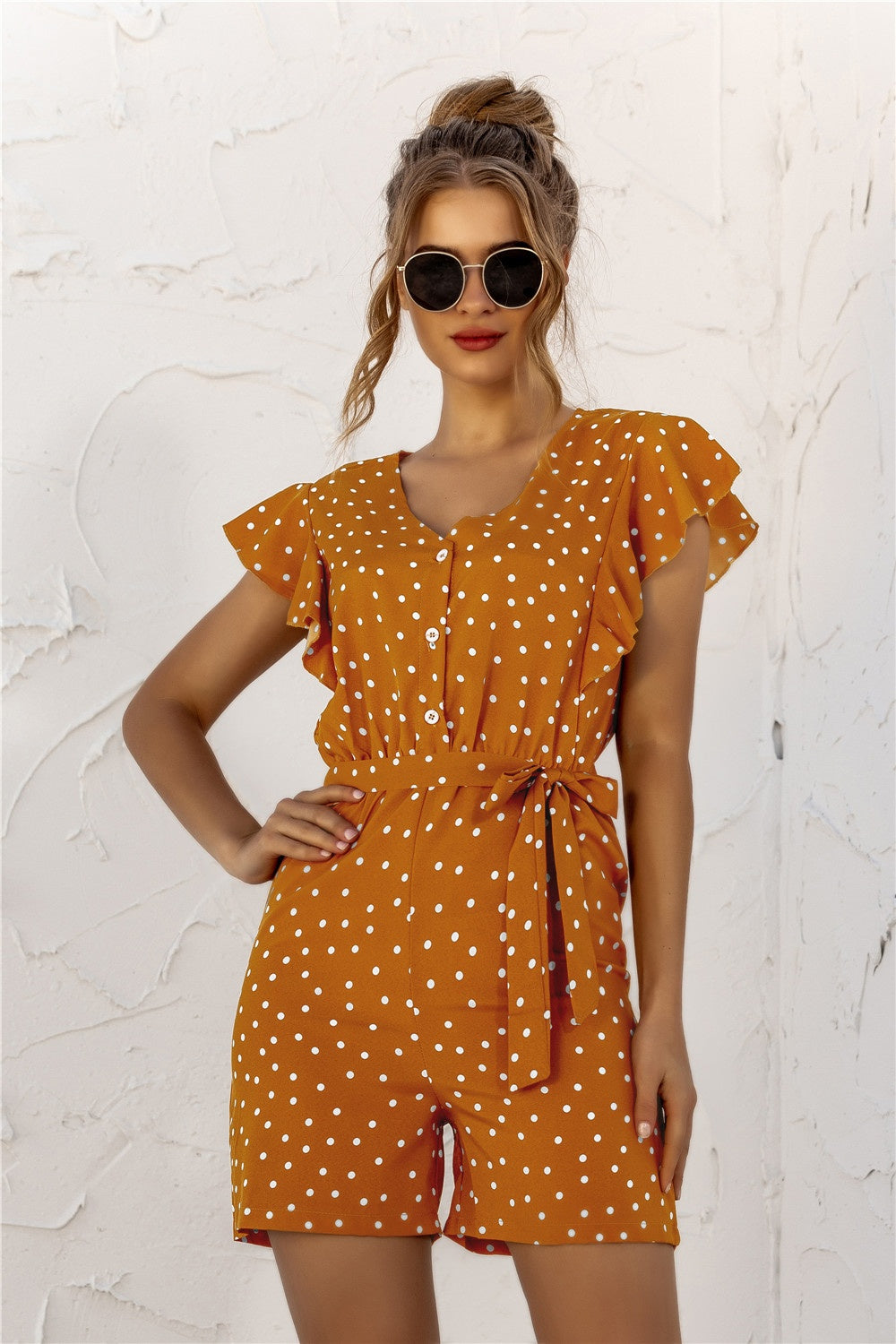 Sunset and Swim  Ruffled Polka Dot Half Button Romper  Sunset and Swim   