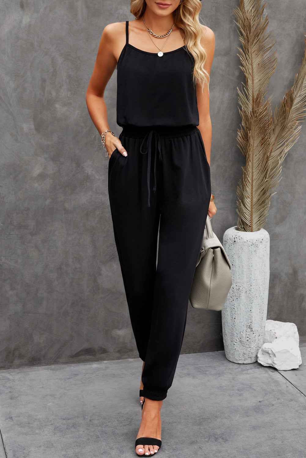 Spaghetti Strap Jumpsuit with Pockets Sunset and Swim Black S 