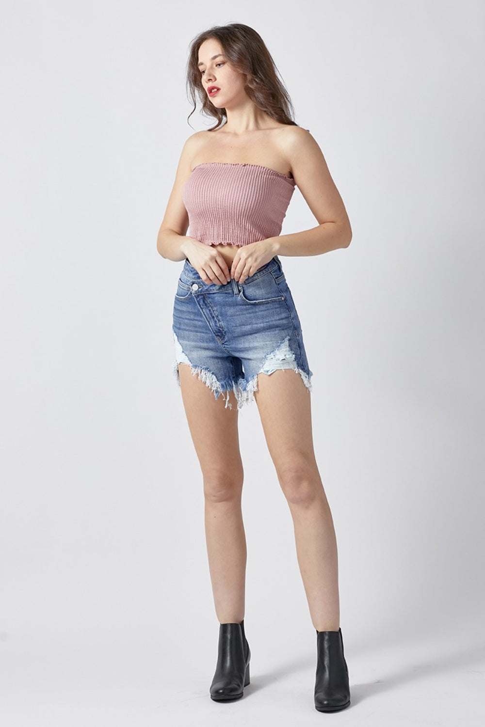 RISEN Raw Hem Asymmetrical Waist Denim Shorts Sunset and Swim   