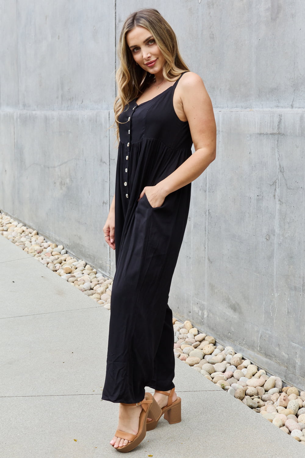 HEYSON All Day Full Size Wide Leg Button Down Jumpsuit in Black Sunset and Swim   