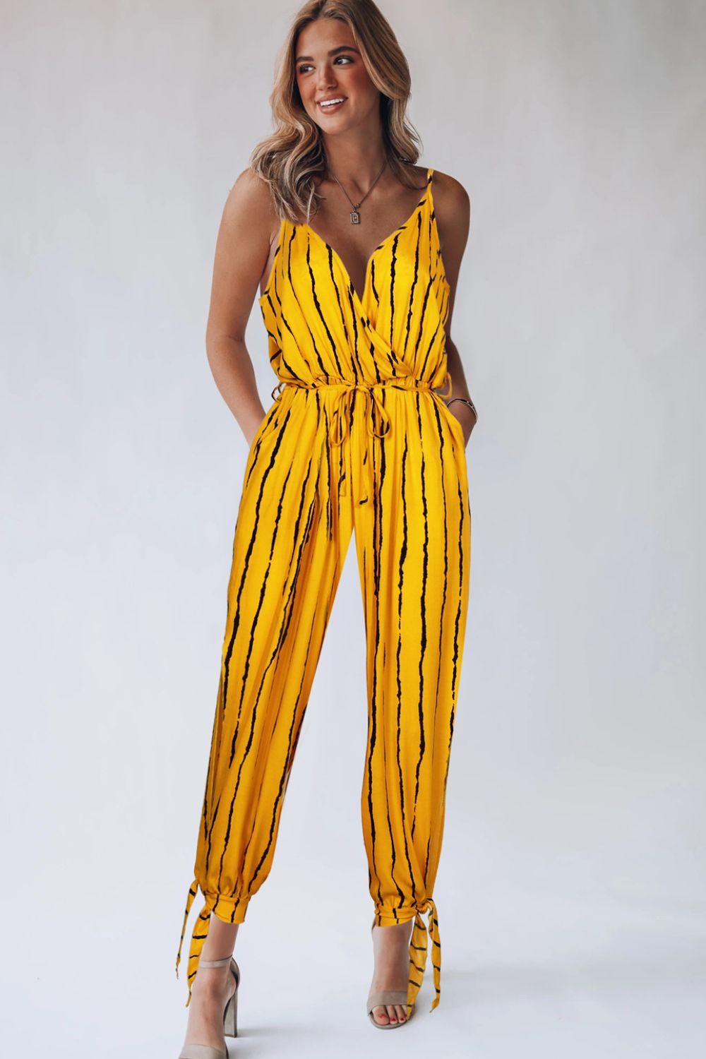 Sunset and Swim  Striped Contrast Tie Ankle Spaghetti Strap Jumpsuit Sunset and Swim Gold S 