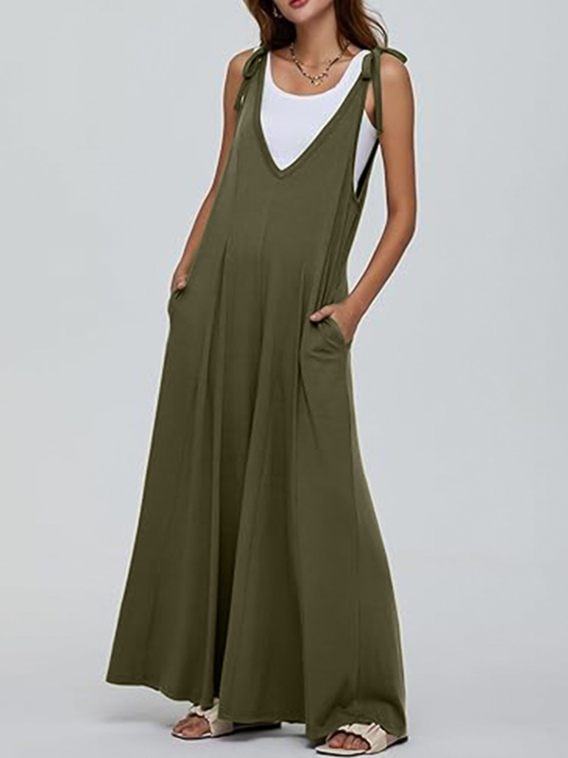 V-Neck Tie Shoulder Jumpsuit Sunset and Swim Army Green S 