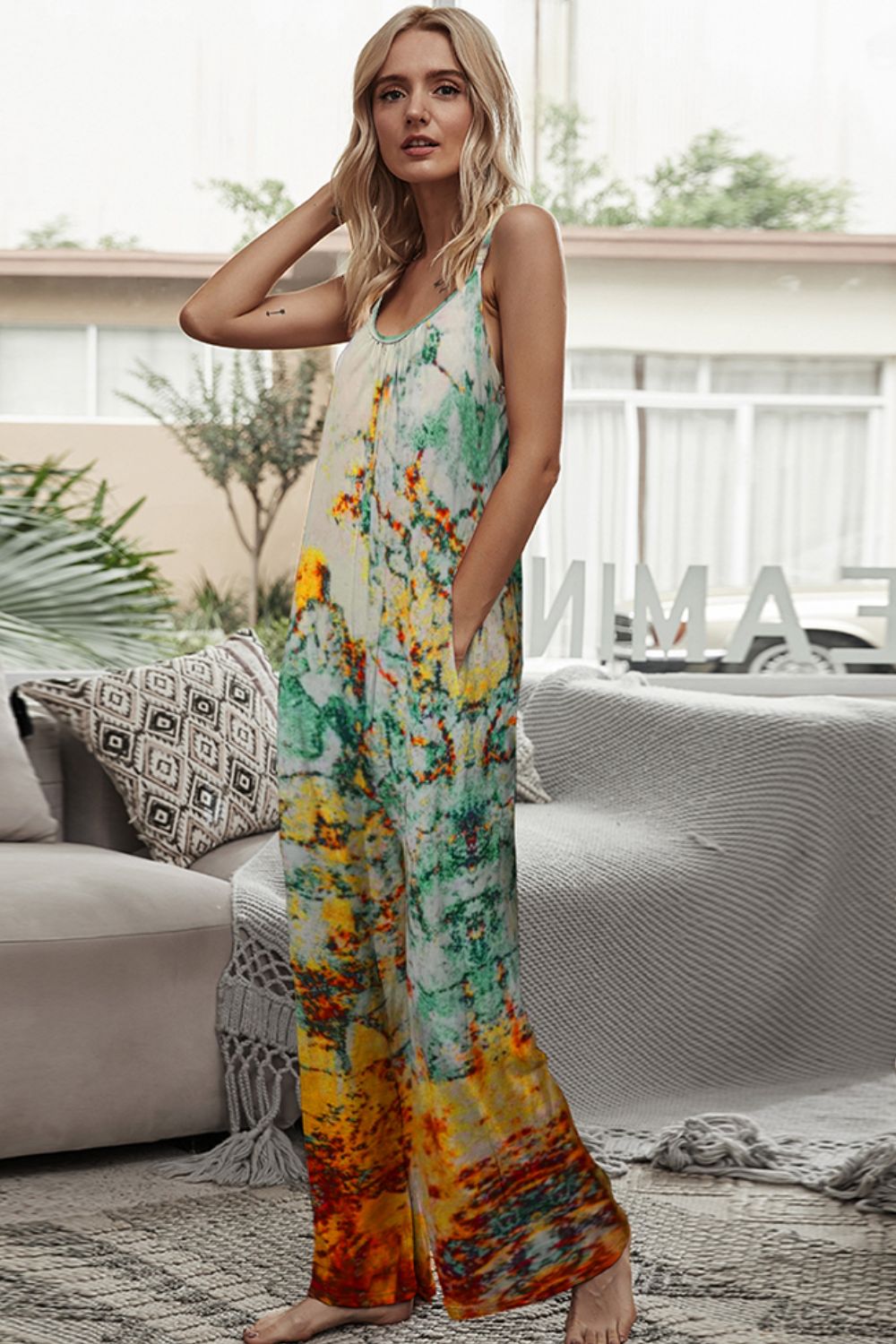 Tie-Dye Spaghetti Strap Jumpsuit with Pockets Sunset and Swim   