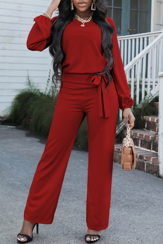 Boat Neck Tie Belt Jumpsuit  Sunset and Swim Deep Red S 