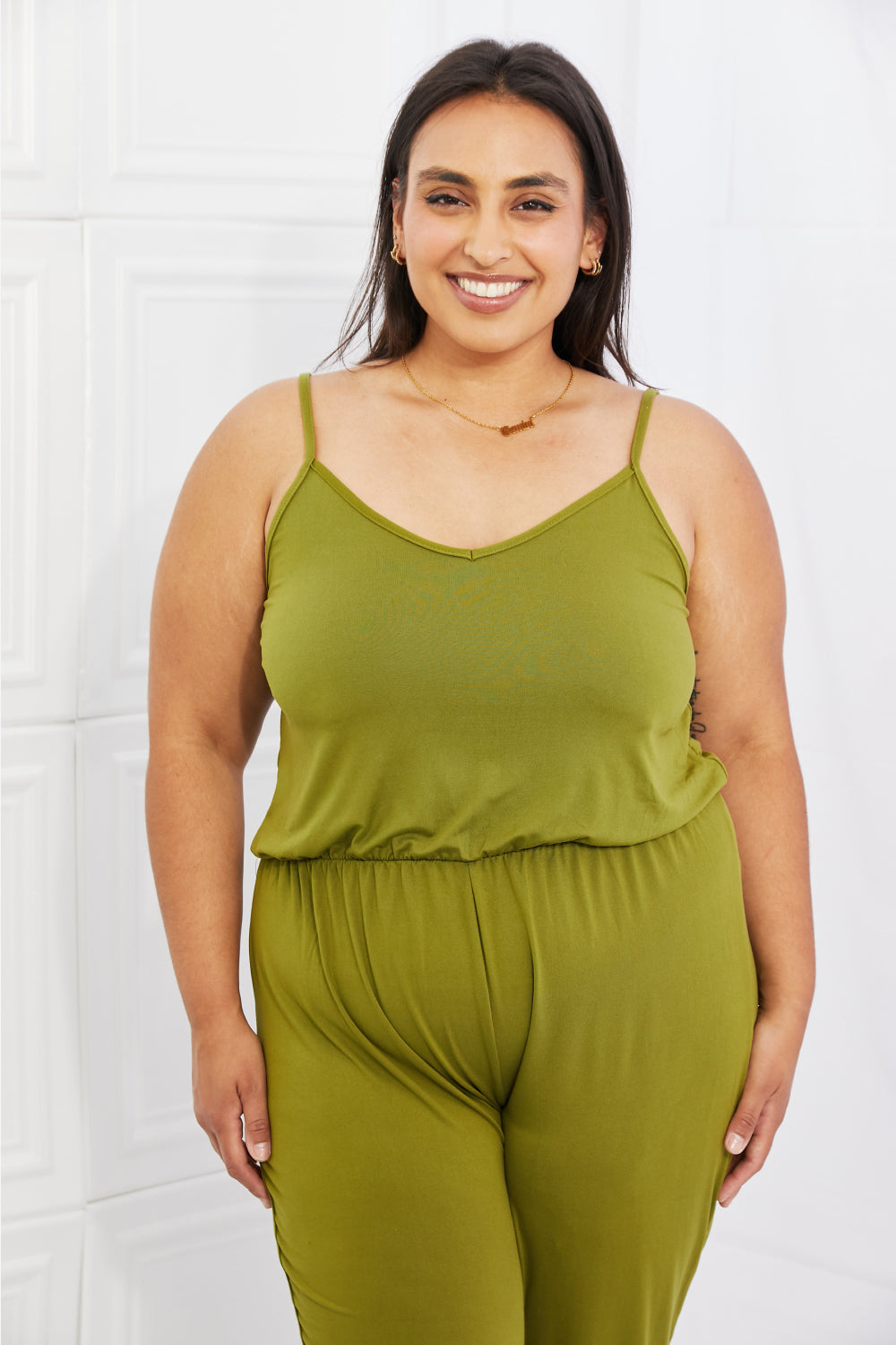 Capella Comfy Casual Plus Size Solid Elastic Waistband Jumpsuit in Chartreuse Sunset and Swim   
