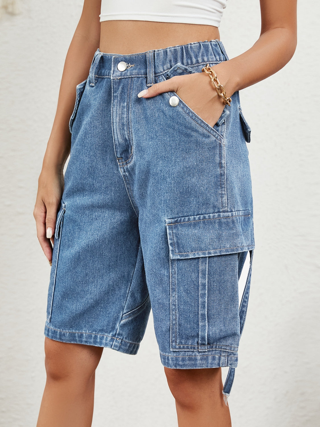 Buttoned Elastic Waist Denim Shorts with Pockets Sunset and Swim   
