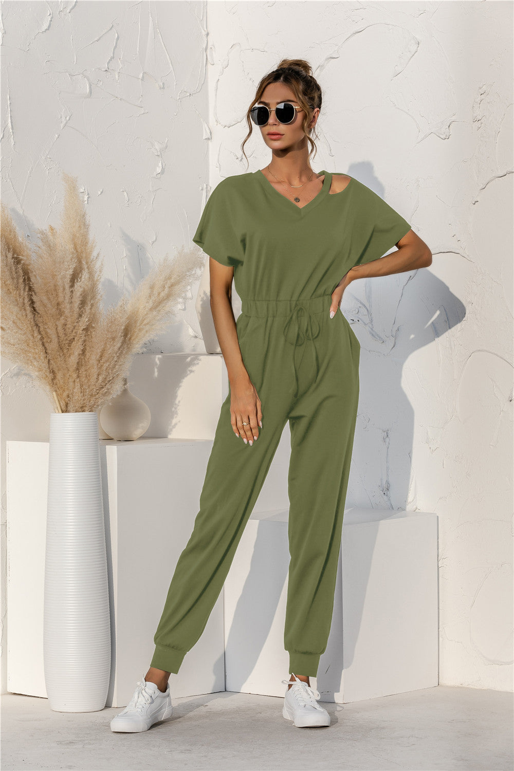 Sunset and Swim Cut Out V-neck Drawstring Jumpsuit Sunset and Swim   