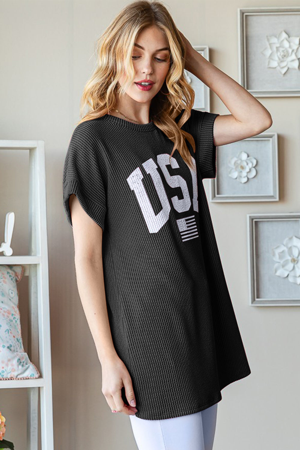 Plus Size USA Graphic Short Sleeve Ribbed Top Sunset and Swim   