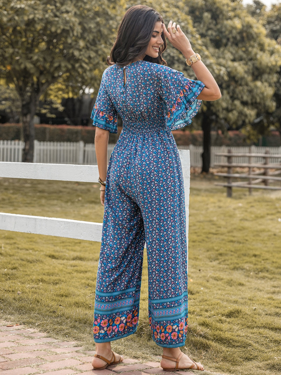 Floral Surplice Flutter Sleeve Jumpsuit Sunset and Swim   