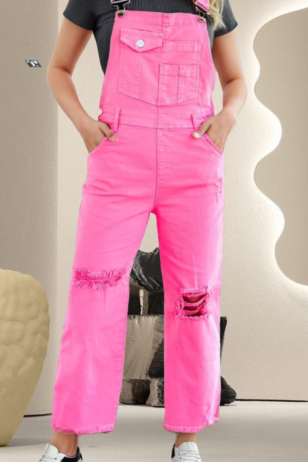 Distressed Pocketed Wide Strap Denim Overalls Sunset and Swim Pink 6 