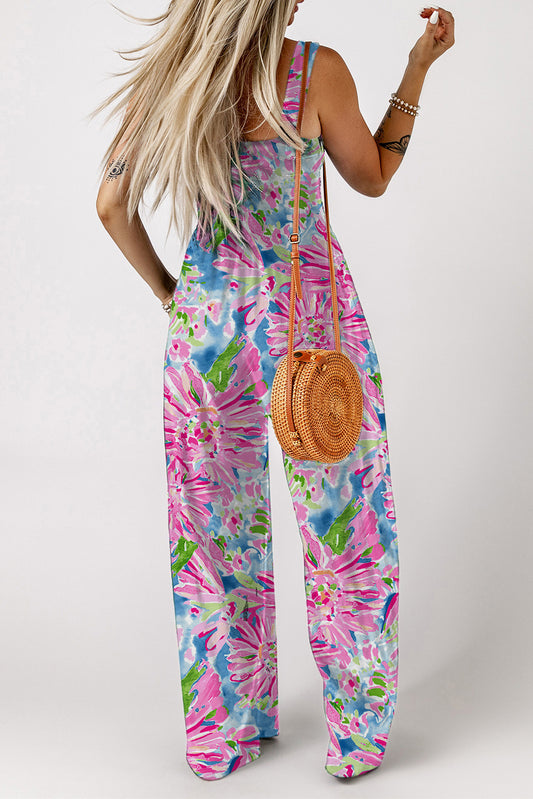 Floral Smocked Square Neck Jumpsuit with Pockets Sunset and Swim   
