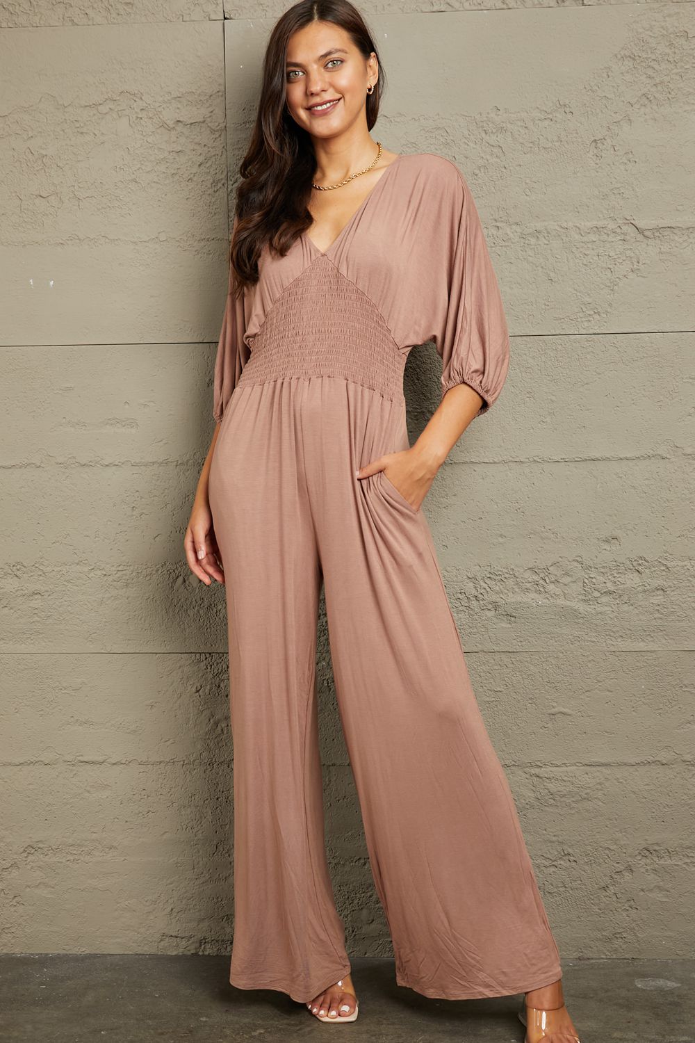 Culture Code Full Size Smocking Waist Jumpsuit  Sunset and Swim   