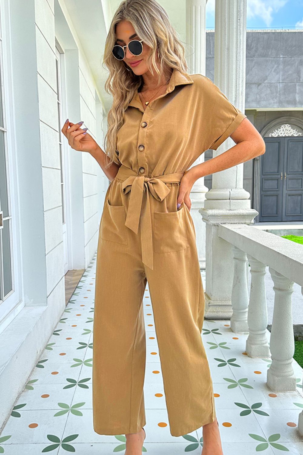 Tie Belt Buttoned Short Sleeve Collared Neck Jumpsuit Sunset and Swim   