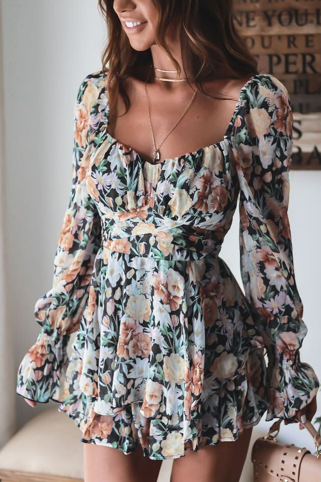 Floral Sweetheart Neck Flounce Sleeve Romper Sunset and Swim Black S 