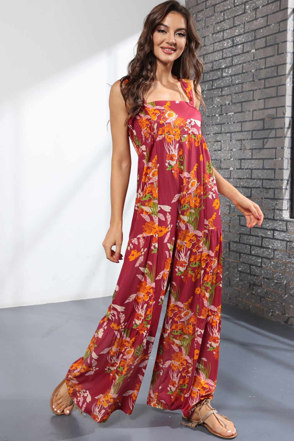 Floral Square Neck Wide Leg Jumpsuit Sunset and Swim   