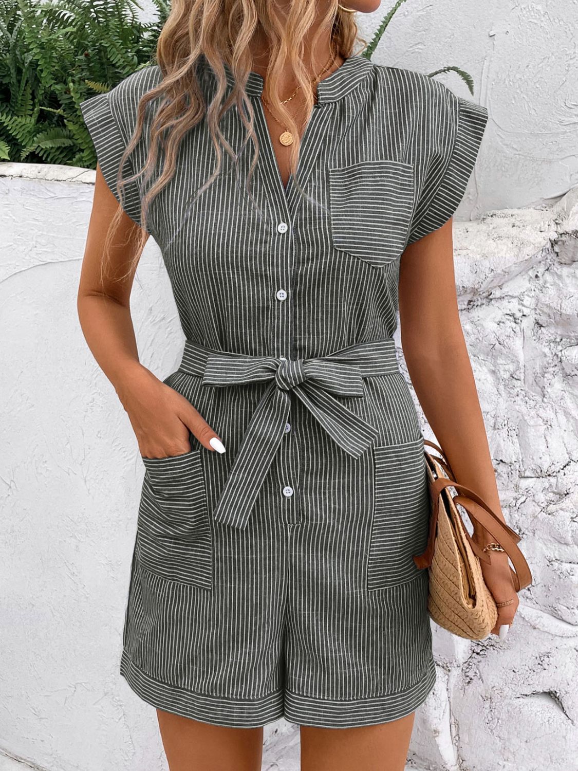 Striped Notched Tie Waist Romper Sunset and Swim   