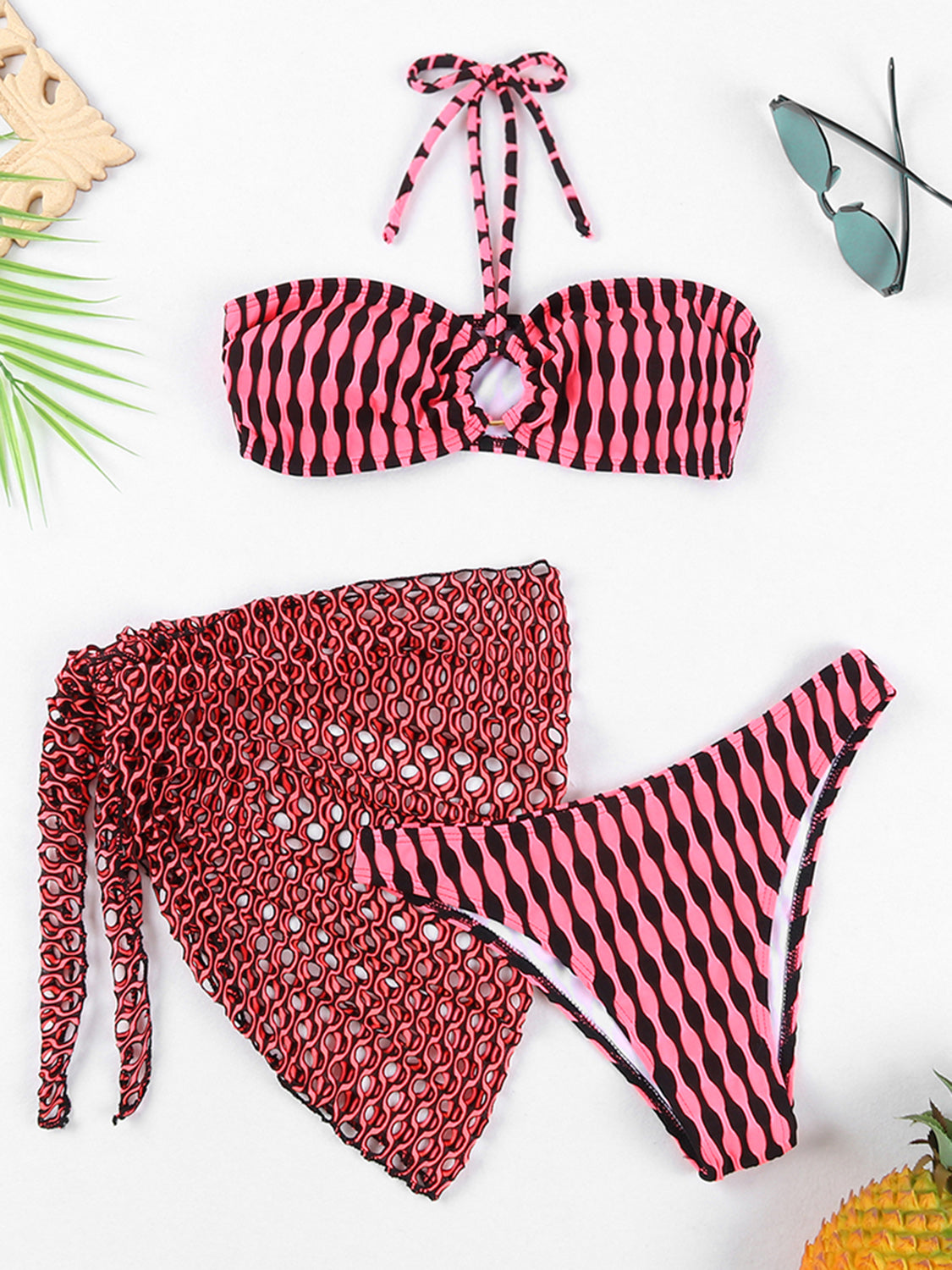 Geometric Halter Neck Three-Piece Swim Set Sunset and Swim Strawberry S 