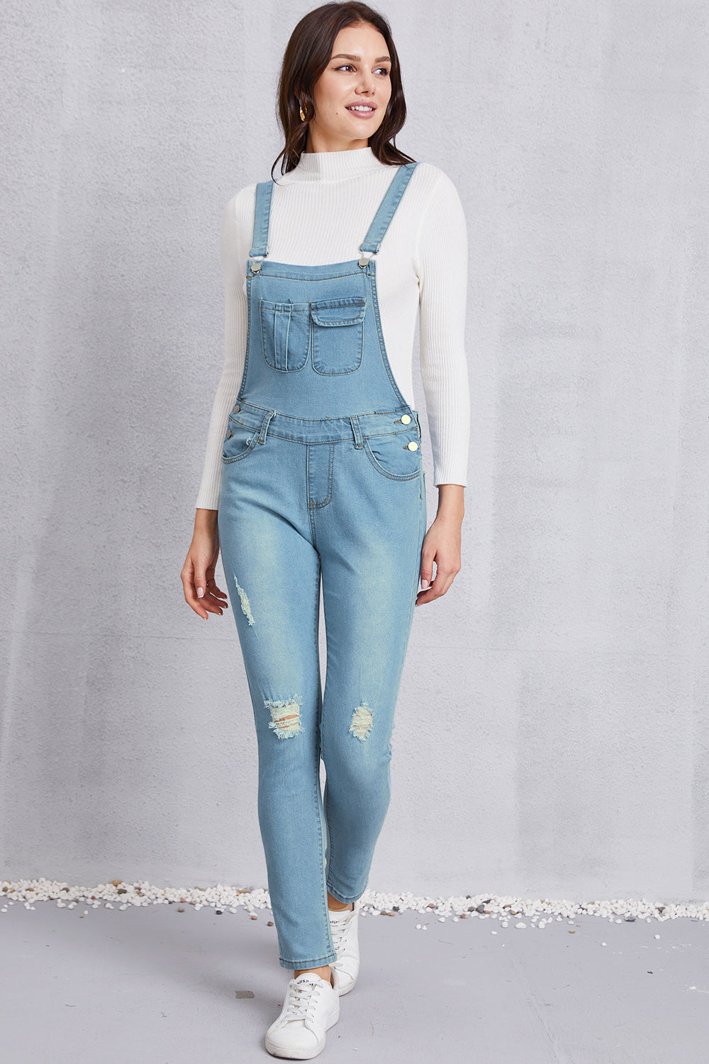 Distressed Washed Denim Overalls with Pockets Sunset and Swim   