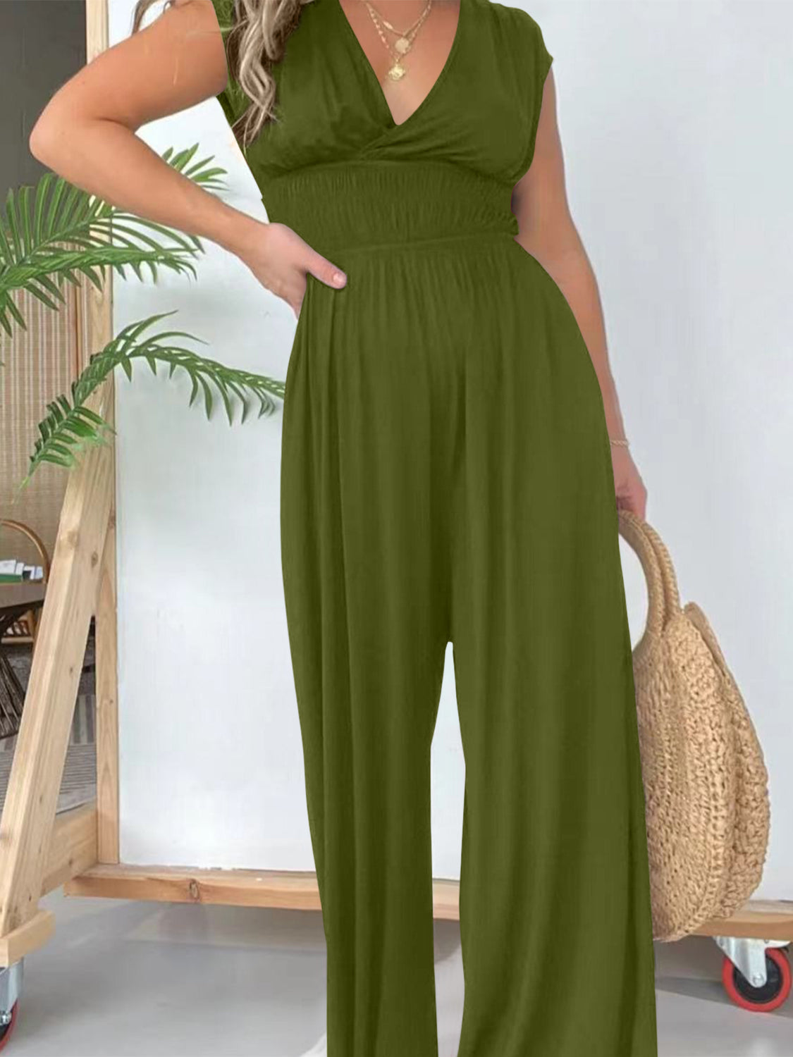 Smocked Cap Sleeve Wide Leg Jumpsuit Sunset and Swim   