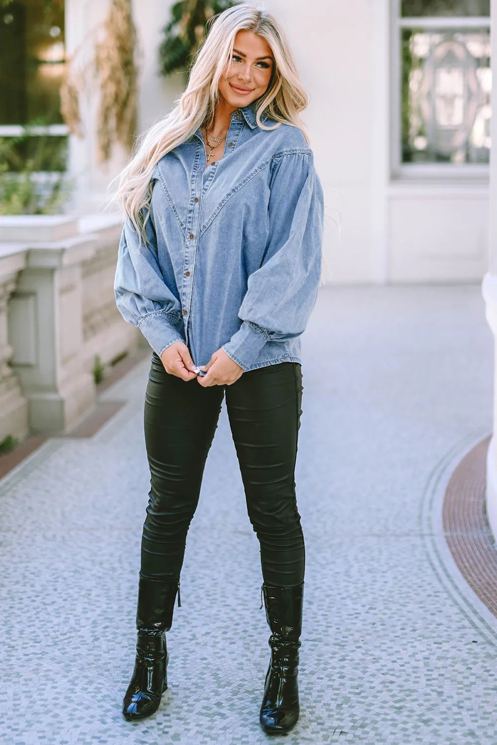 Collared Neck Lantern Sleeve Denim Top Sunset and Swim   