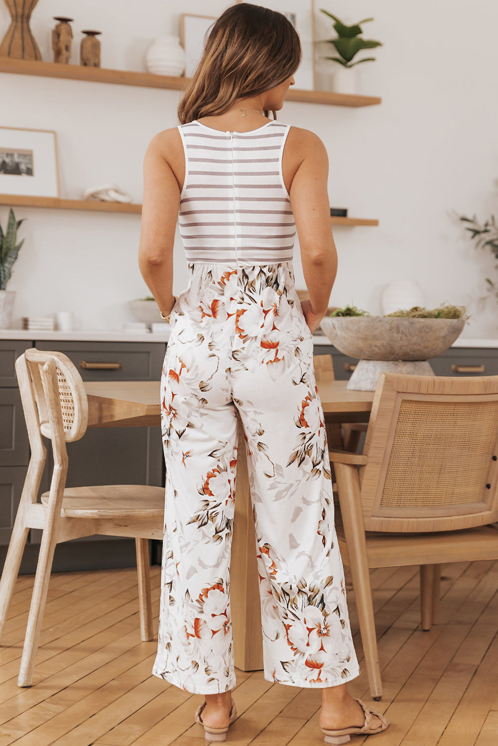 Striped Floral Sleeveless Wide Leg Jumpsuit with Pockets Sunset and Swim   