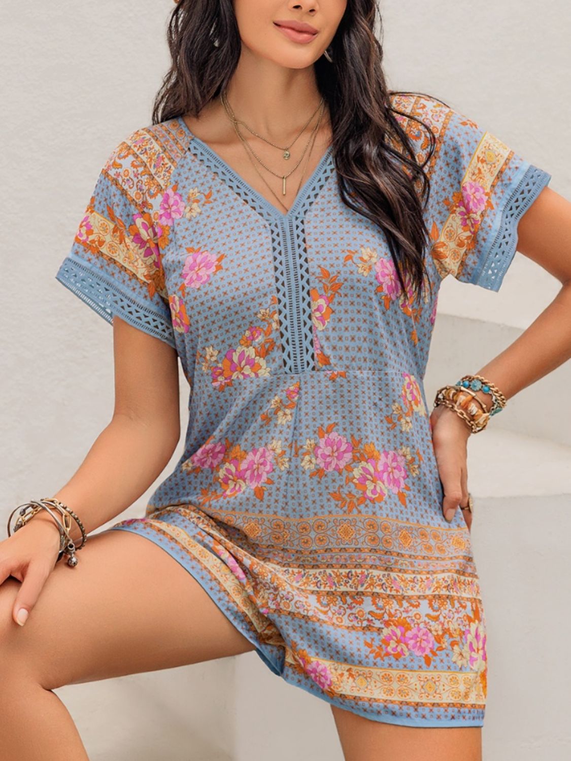 Printed V-Neck Short Sleeve Romper Sunset and Swim   