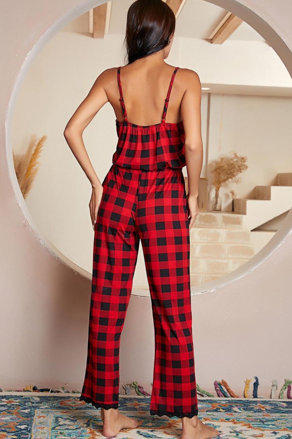 Sunset and Swim Plaid Lace Trim Spaghetti Strap Jumpsuit Sunset and Swim   