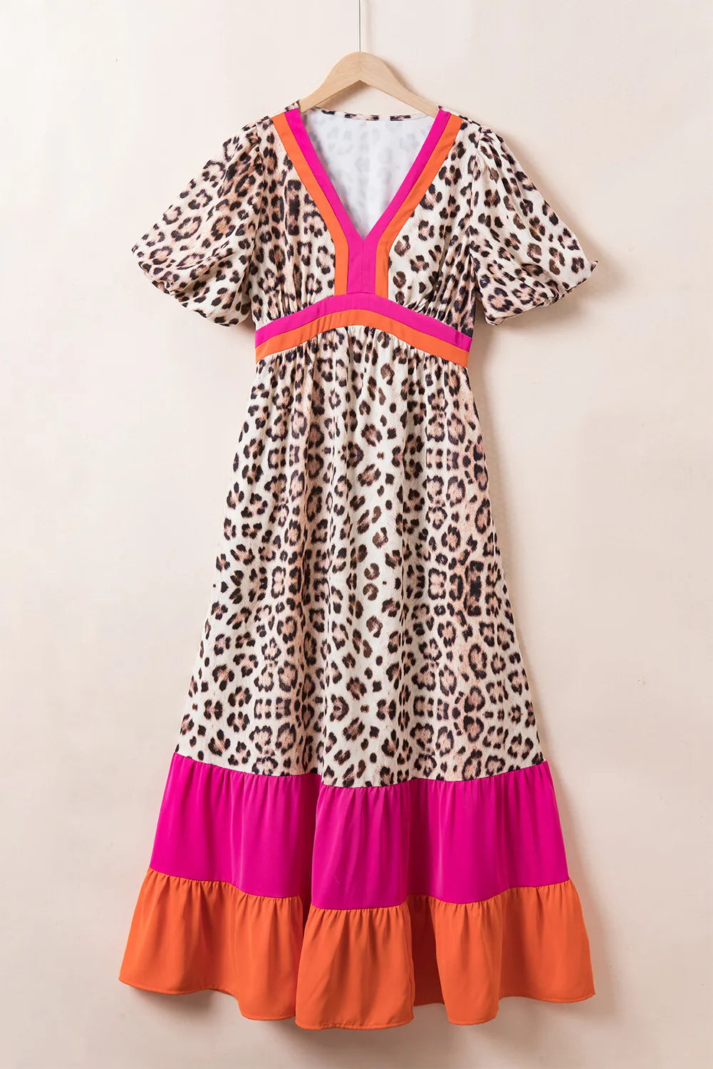 Full Size Leopard V-Neck Half Sleeve Maxi Dress Sunset and Swim   