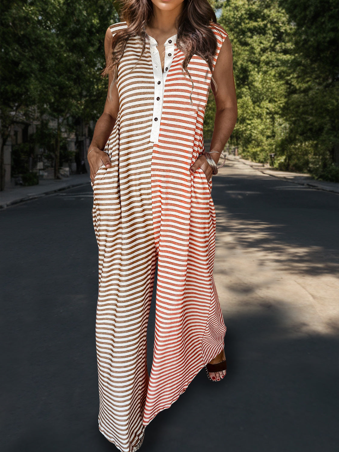 Sunset and Swim  Striped Half Button Cap Sleeve Jumpsuit Sunset and Swim Peach S 