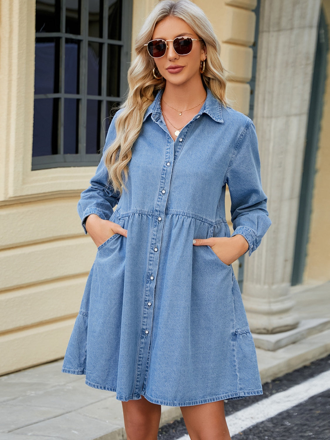 Sunset Vacation Tiered Button Up Long Sleeve Denim Dress Sunset and Swim   