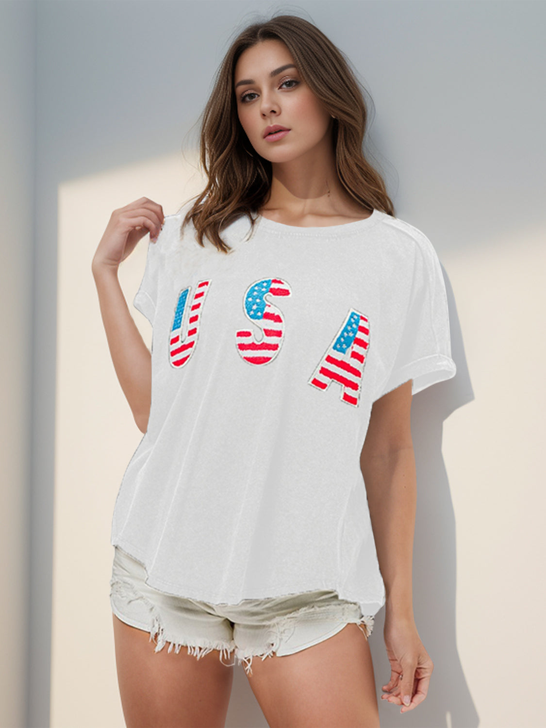 USA Round Neck Short Sleeve T-Shirt Sunset and Swim White S 