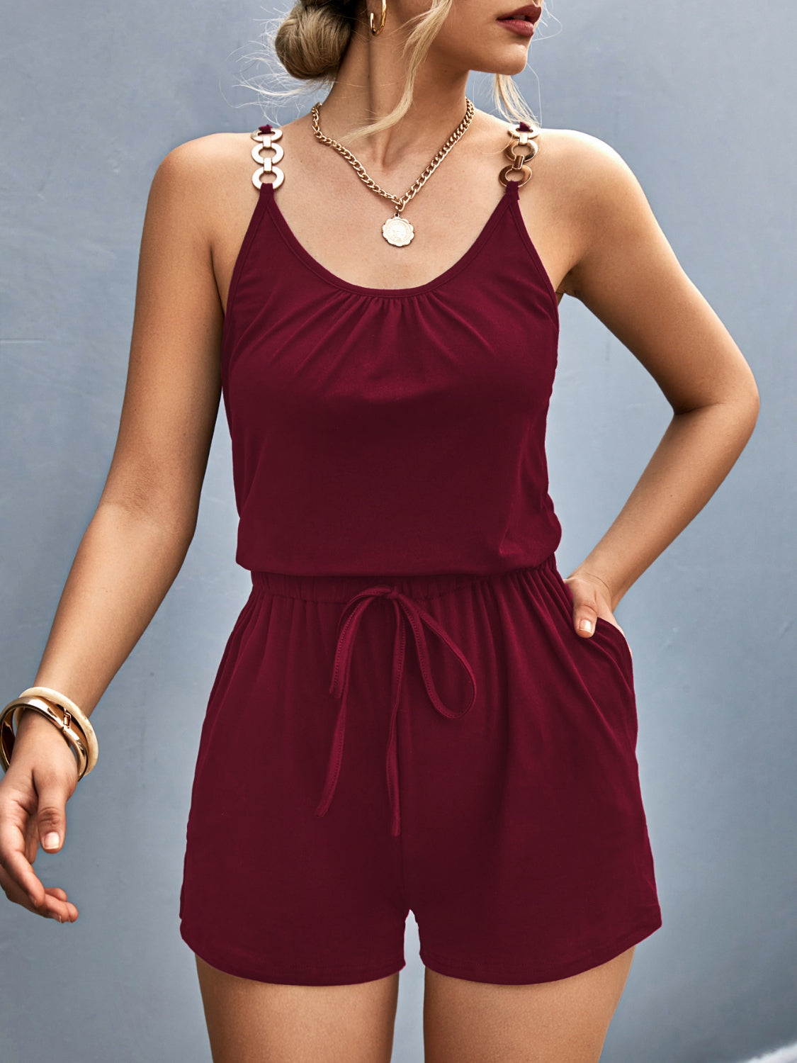 Sunset and Swim  Scoop Neck Romper with Pockets Sunset and Swim Wine S 