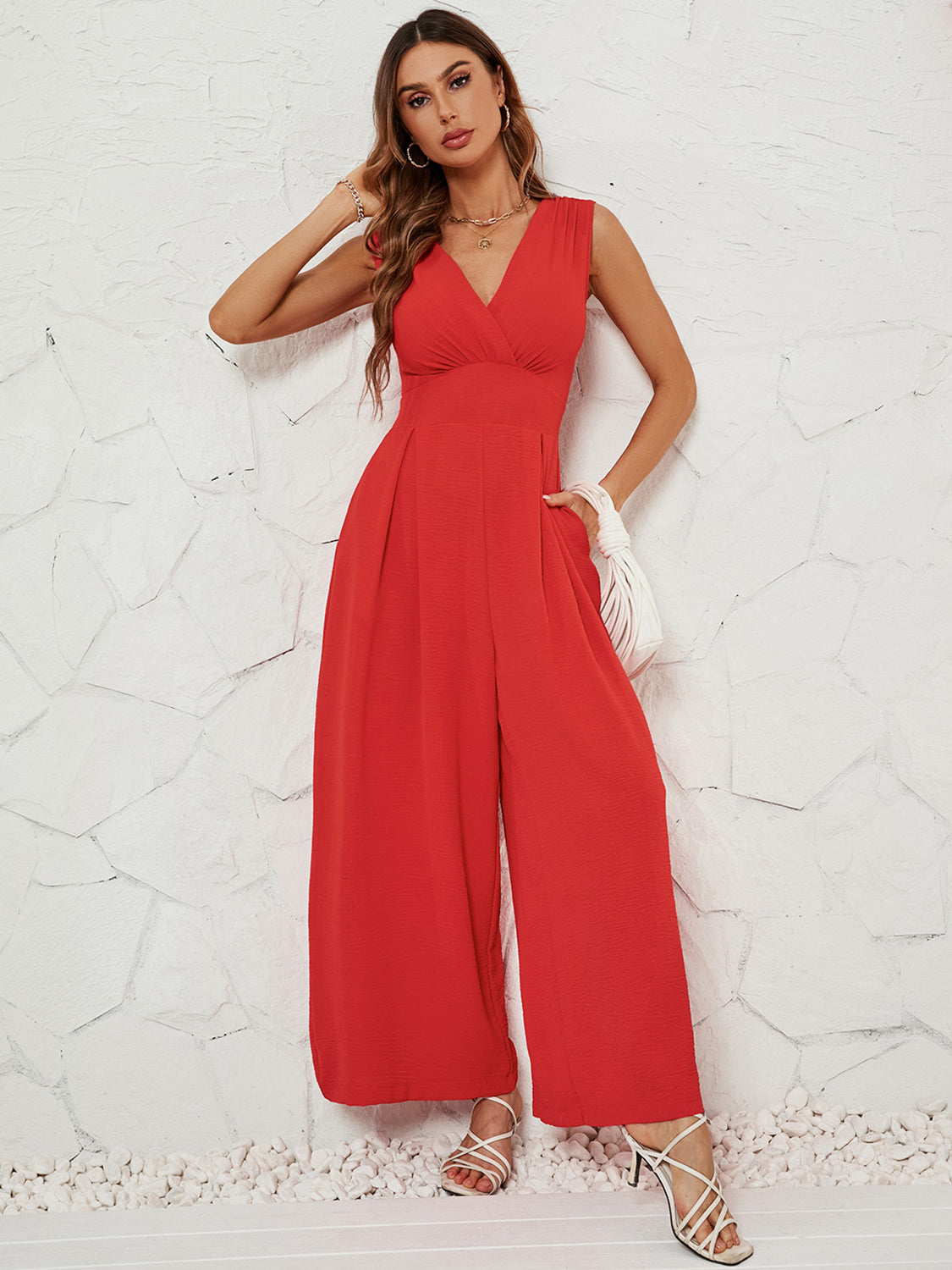 Sunset and Swim  Surplice Wide Strap Jumpsuit with Pockets Sunset and Swim   