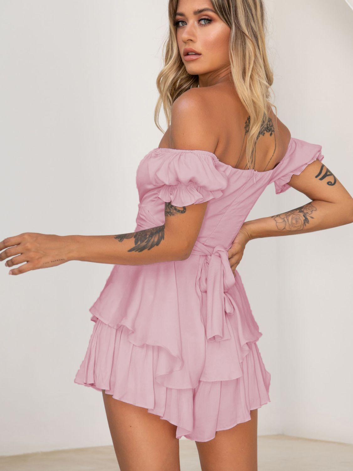 Off Shoulder Flounce Sleeve Romper Sunset and Swim   