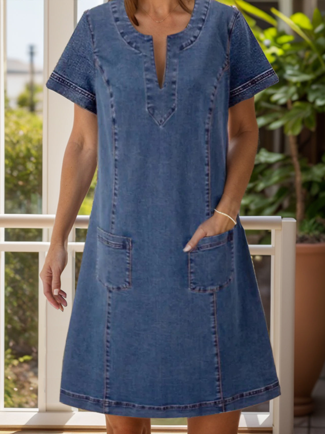 Full Size Notched Short Sleeve Denim Dress Sunset and Swim Dusty Blue S 