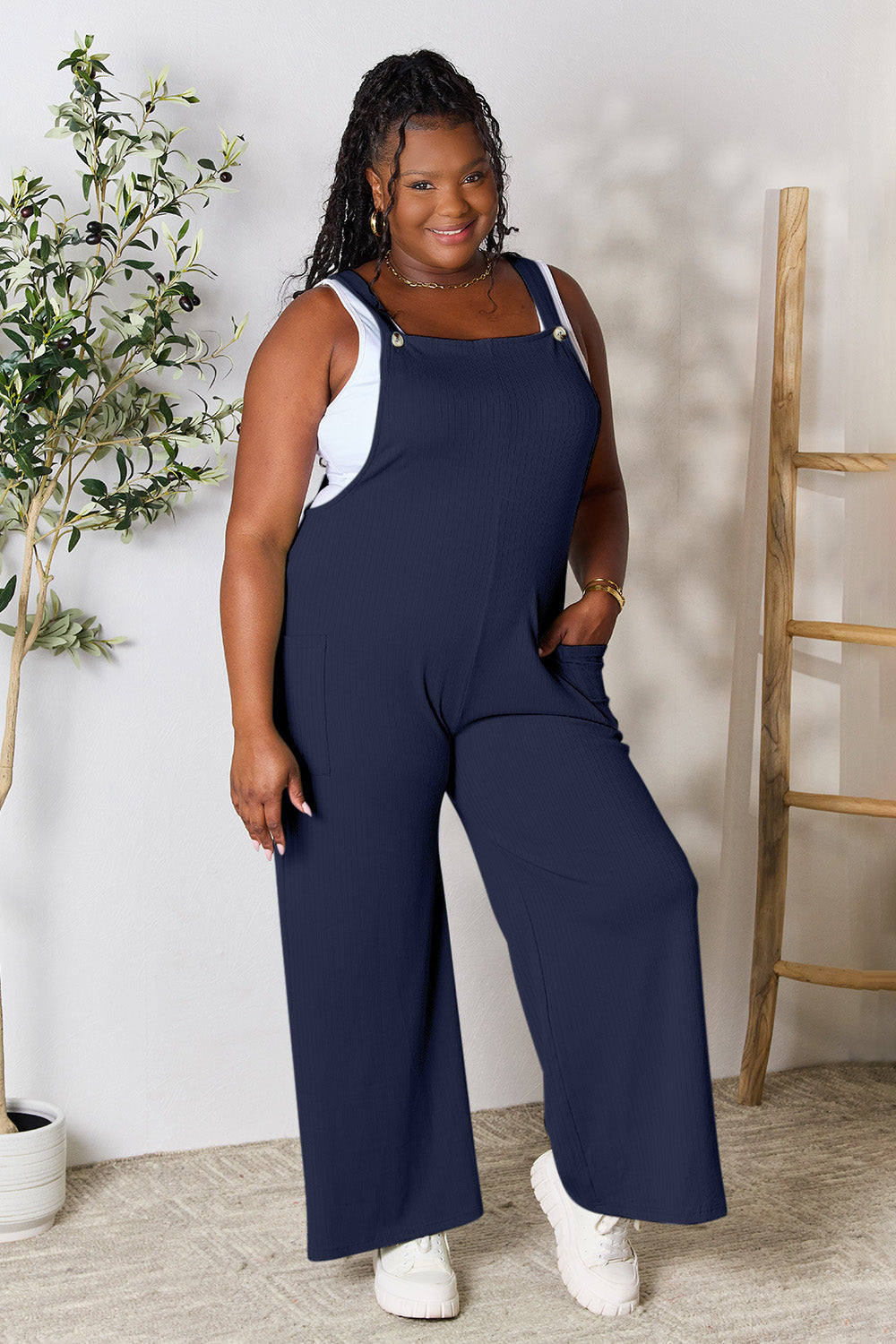 Double Take Plus Size Wide Strap Overall with Pockets Sunset and Swim Dark Navy S 