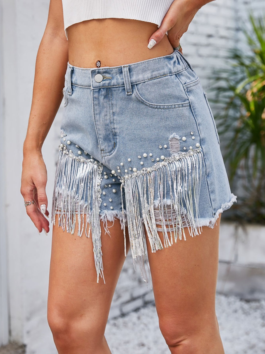 Distressed Pearl Trim Denim Shorts with Pockets Sunset and Swim   