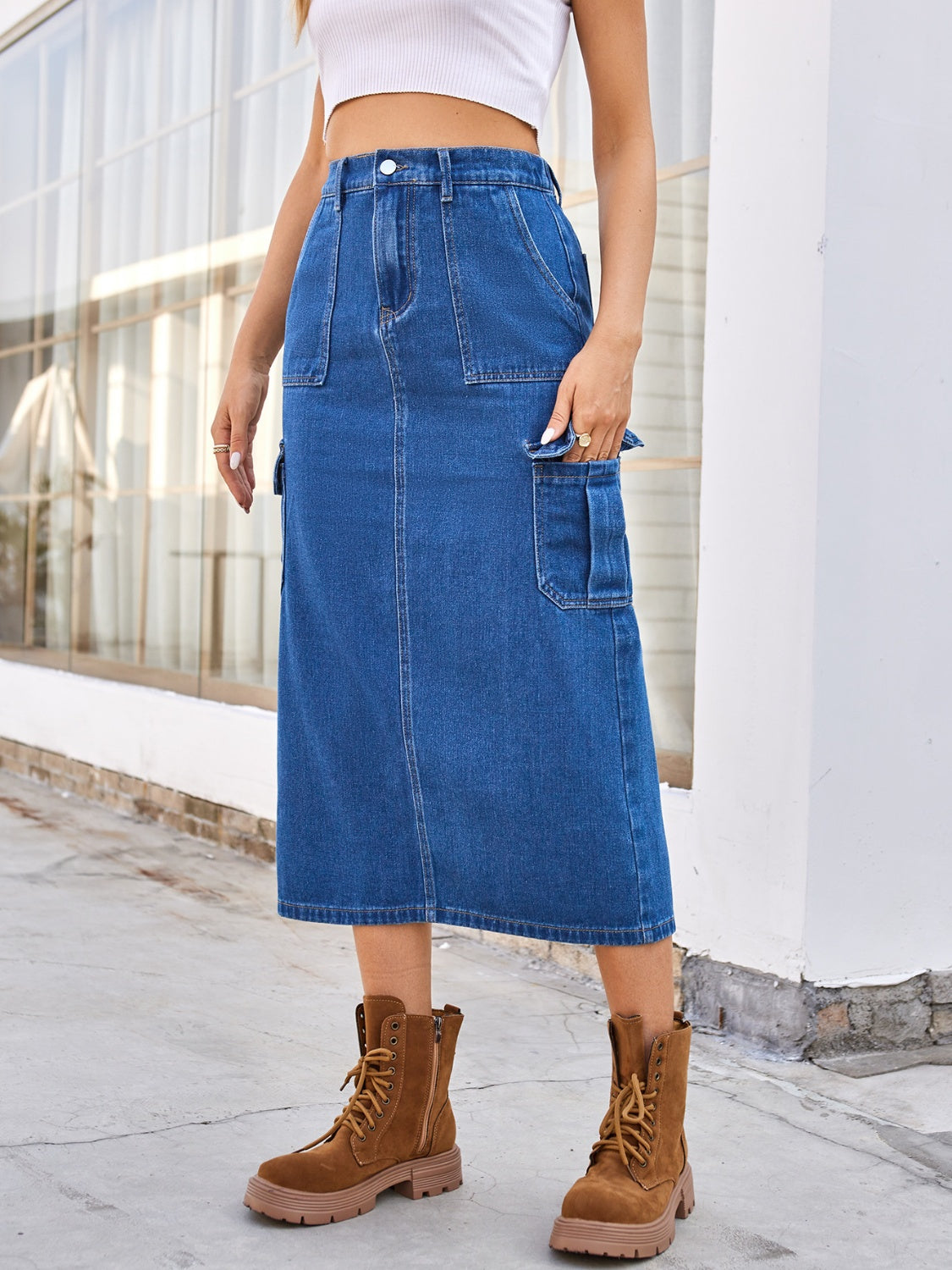 Sunset and Swim  Slit Midi Denim Skirt with Pockets Sunset and Swim   