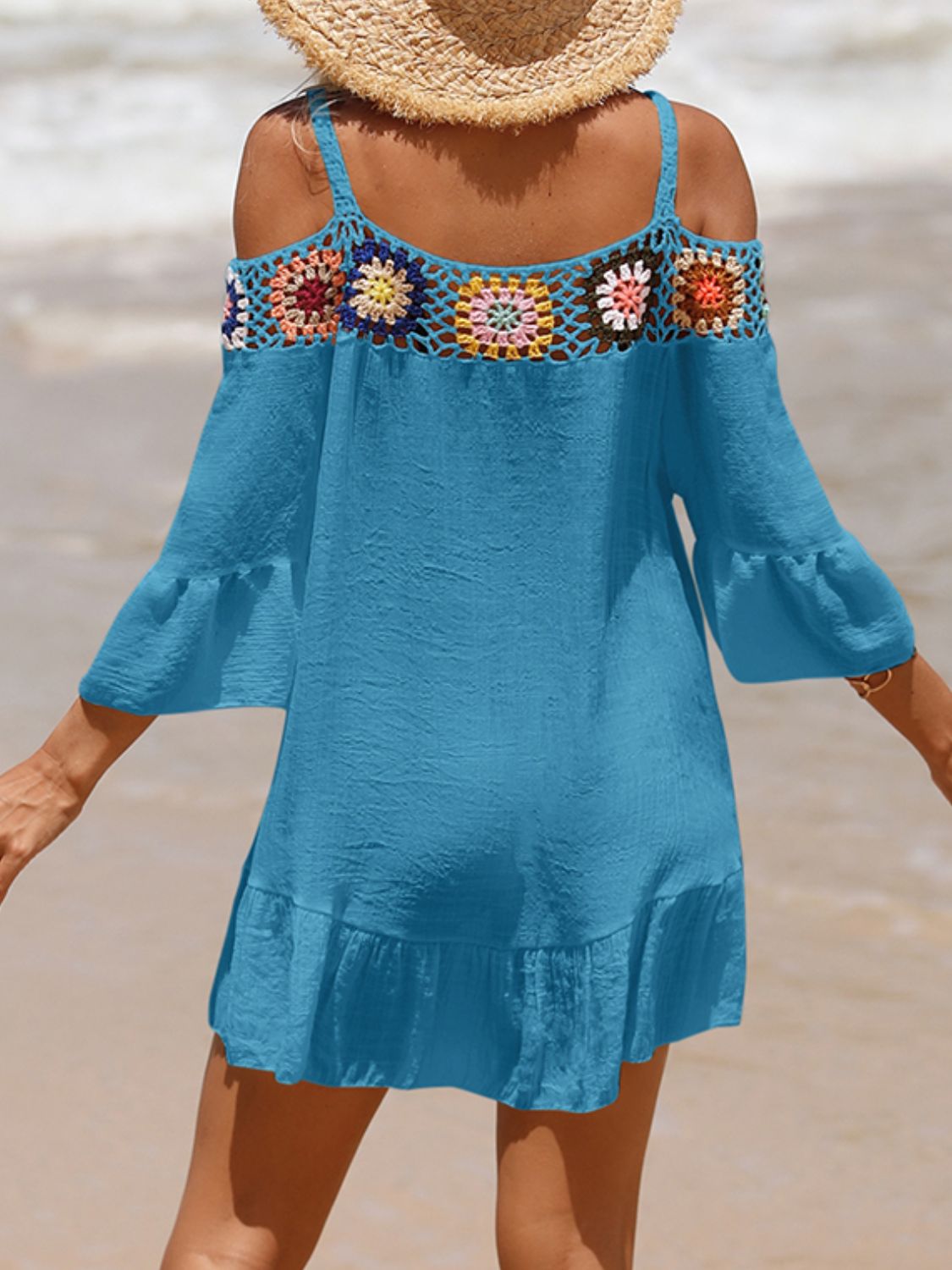 Sunset Vacation  Crochet Cold Shoulder Three-Quarter Sleeve Beach Cover Up Sunset and Swim   