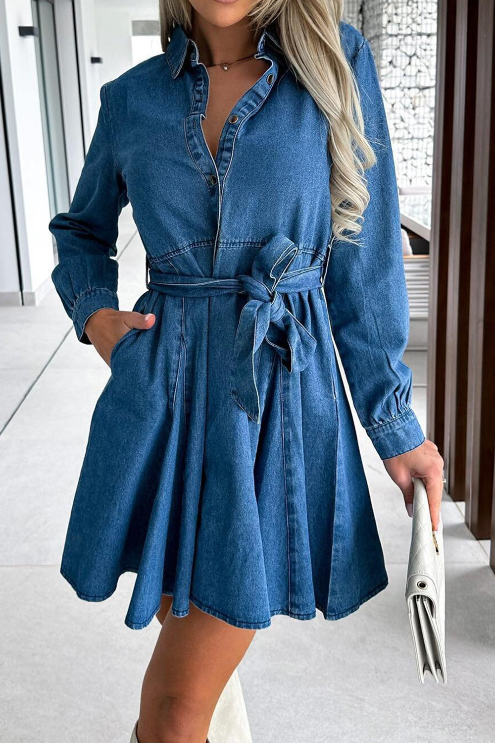 Tied Half Button Long Sleeve Denim Dress Sunset and Swim Dusty Blue S 