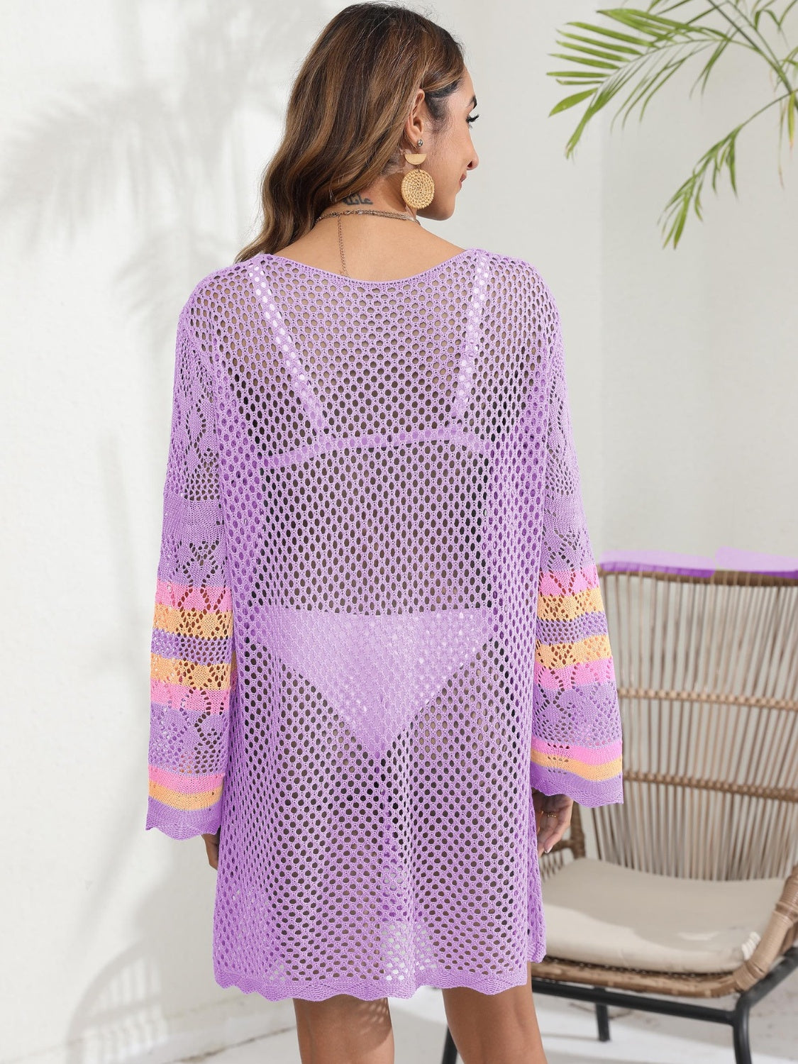 Sunset Vacation  Openwork Contrast Long Sleeve Cover-Up  Sunset and Swim   