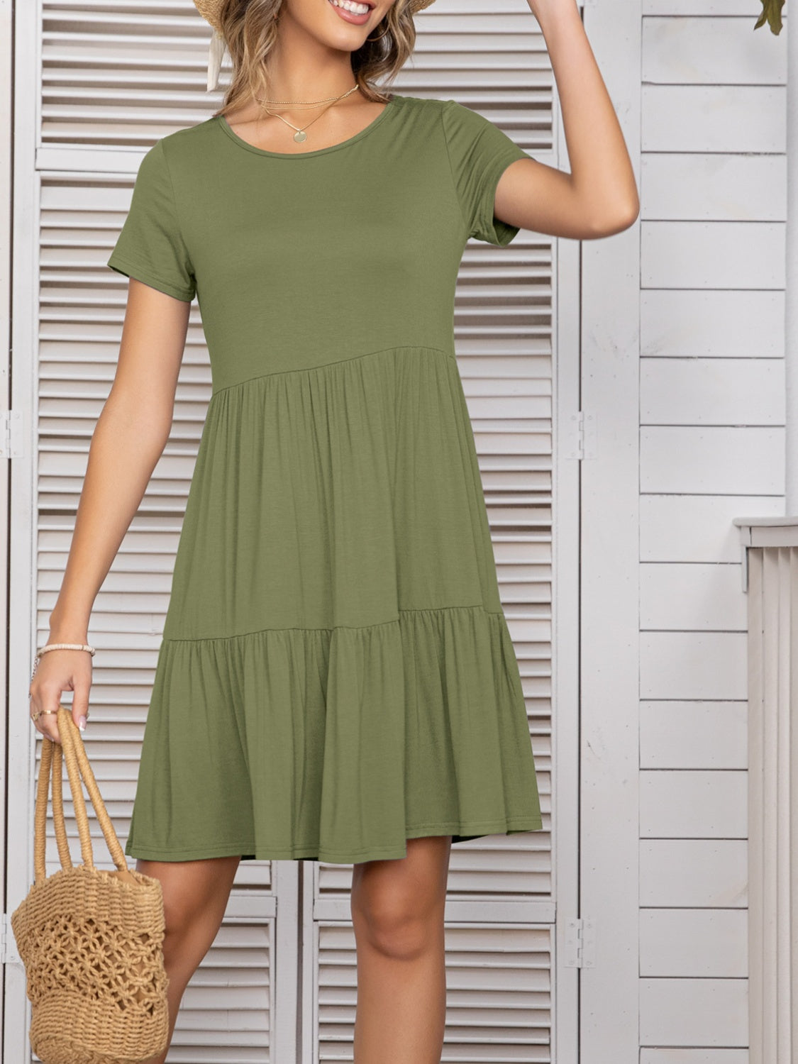 Round Neck Short Sleeve Mini Tee Dress Sunset and Swim Sage S 