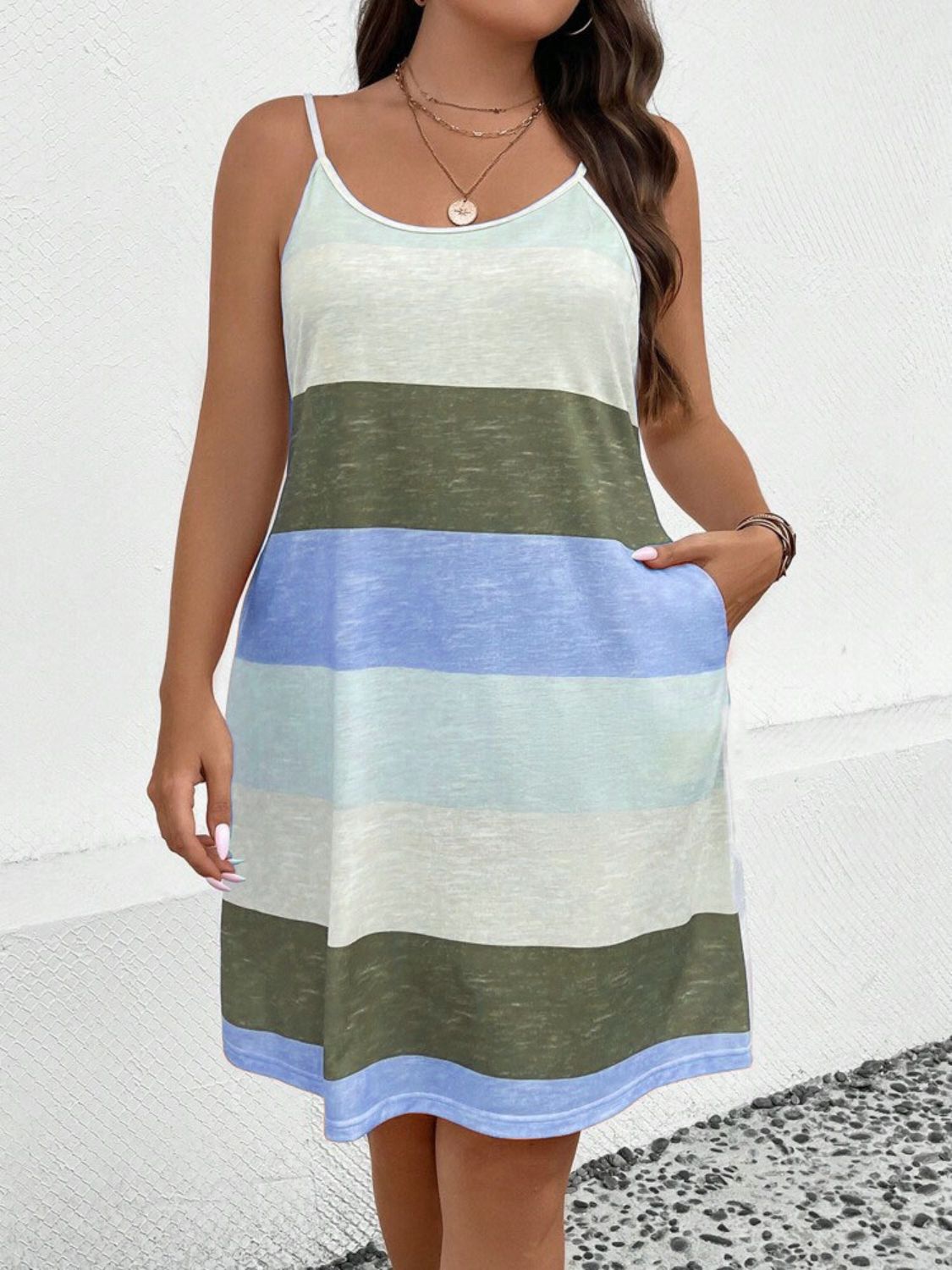 Plus Size Color Block Scoop Neck Mini Dress Sunset and Swim Matcha Green 1XL 