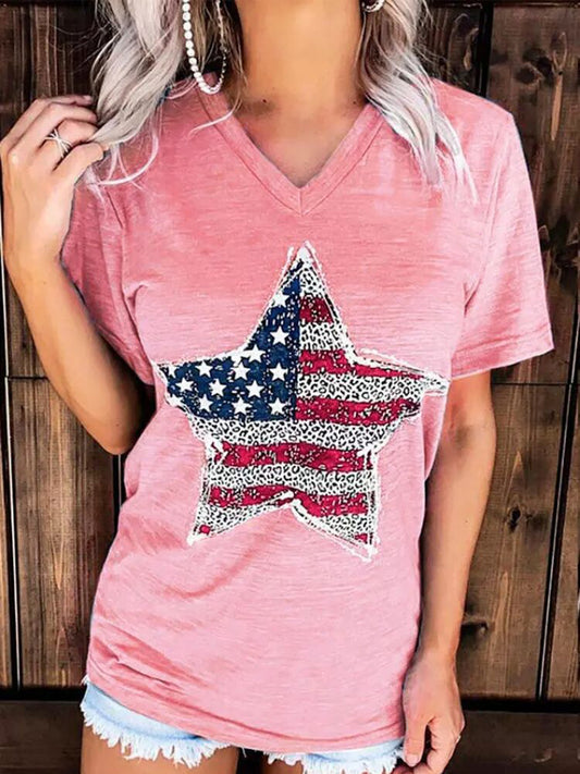 US Flag Graphic V-Neck Short Sleeve T-Shirt  Sunset and Swim   